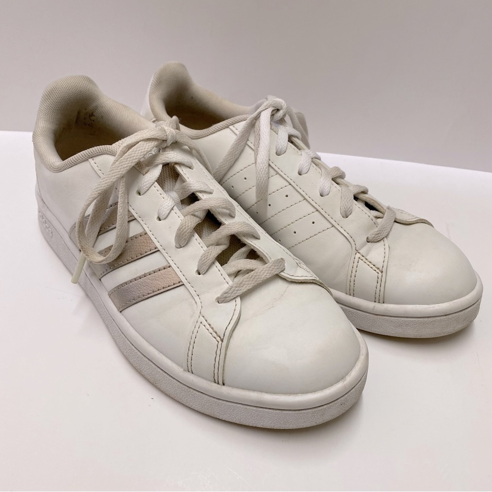 Adidas Grand Court Sneakers White Metallic Gold Stripes Sz 7